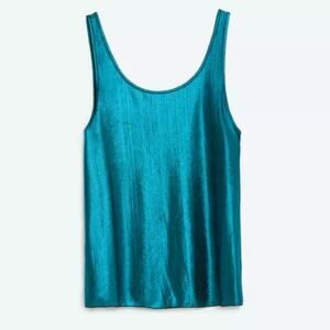 ZARA Shiny Metallic Turquoise Scoop Relaxed Ribbed Tank SMALL Disco Pop Color